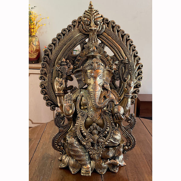25” Lord Ganesh Brass Idol With Prabhavali - Handcrafted Ganpati Decorative Statue for Home Decor - Crafts N Chisel - Indian Home Decor USA