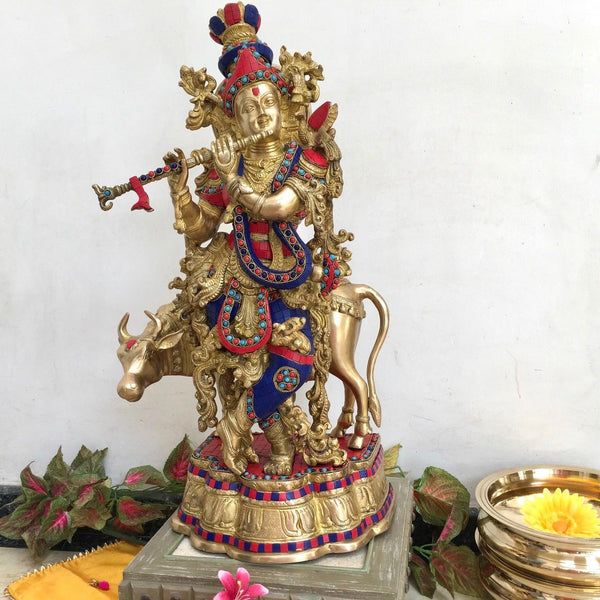 26 Inches Lord Krishna Cow idol - Brass Stonework Statue - Crafts N Chisel - Indian home decor - Online USA