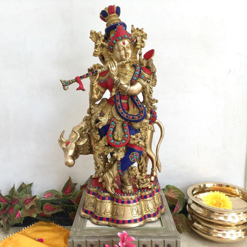 26 Inches Lord Krishna Cow idol - Brass Stonework Statue - Crafts N Chisel - Indian home decor - Online USA
