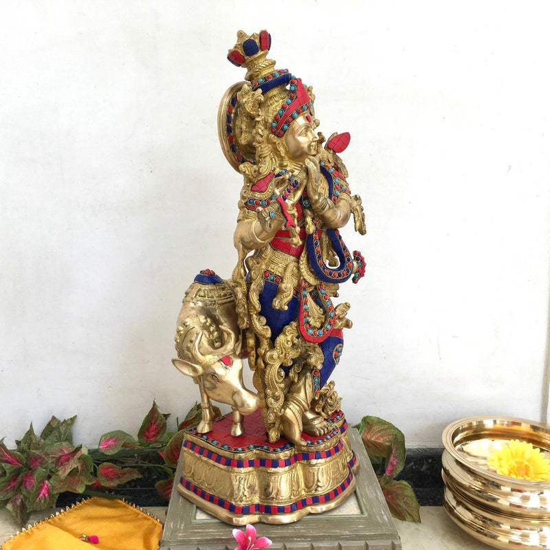26 Inches Lord Krishna Cow idol - Brass Stonework Statue - Crafts N Chisel - Indian home decor - Online USA