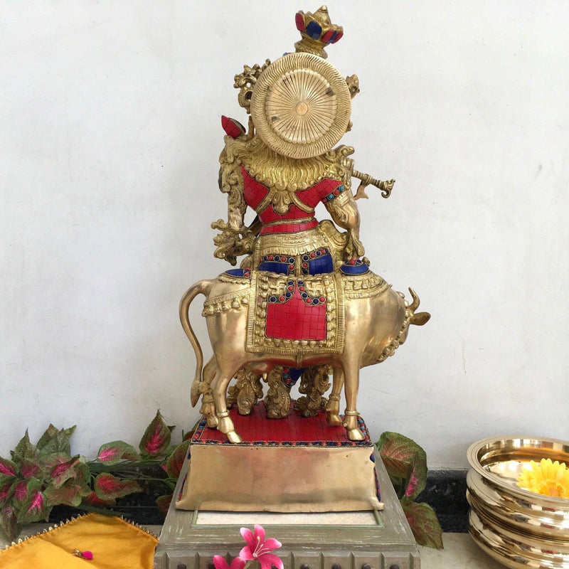 26” Lord Krishna idol - Brass Turquoise Inlay - Crafts N Chisel - Indian home decor - Online USA
