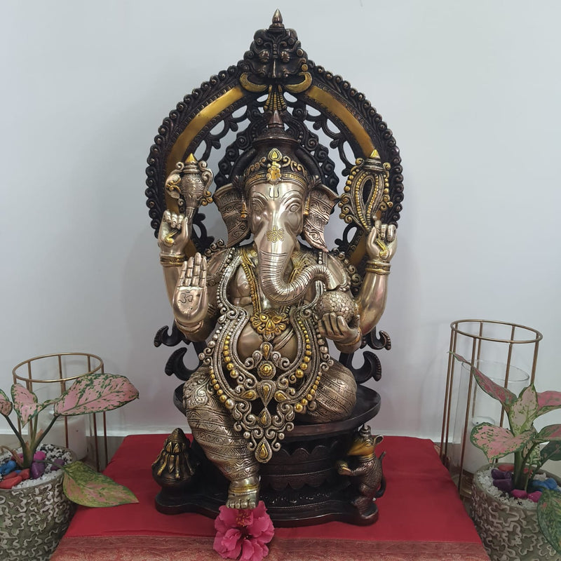 27” Lord Ganesh Brass Idol With Prabhavali - Handcrafted Decorative Figurine - Crafts N Chisel - Indian Home Decor USA