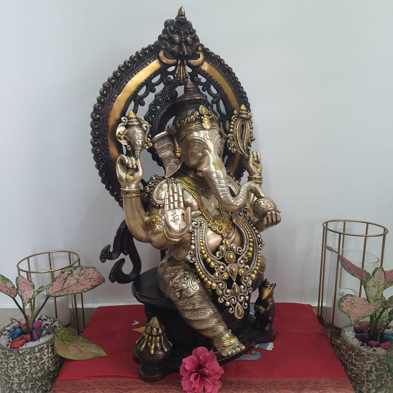 27” Lord Ganesh Brass Idol With Prabhavali - Handcrafted Decorative Figurine - Crafts N Chisel - Indian Home Decor USA