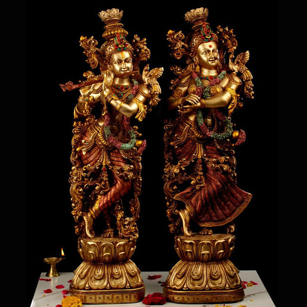 29” Copper Finish Radha Krishan Marble Dust & Resin Idol - Hindu God Statue - Decorative Murti - Crafts N Chisel - Indian Home Decor USA