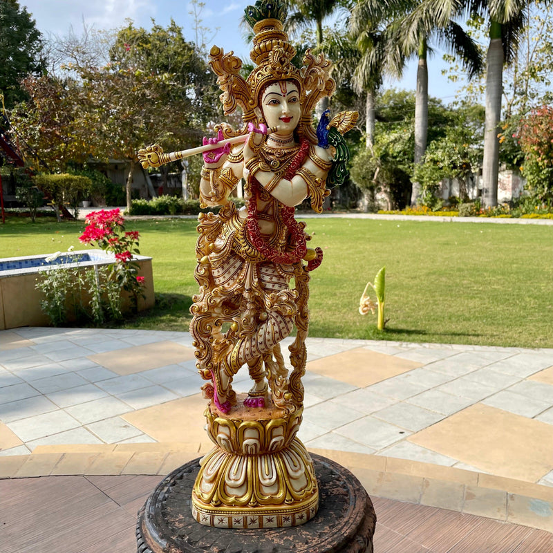 29” Krishna Marble Dust & Resin Idol - Krishna Statue Decorative Figurine - Crafts N Chisel - Indian Home Decor USA