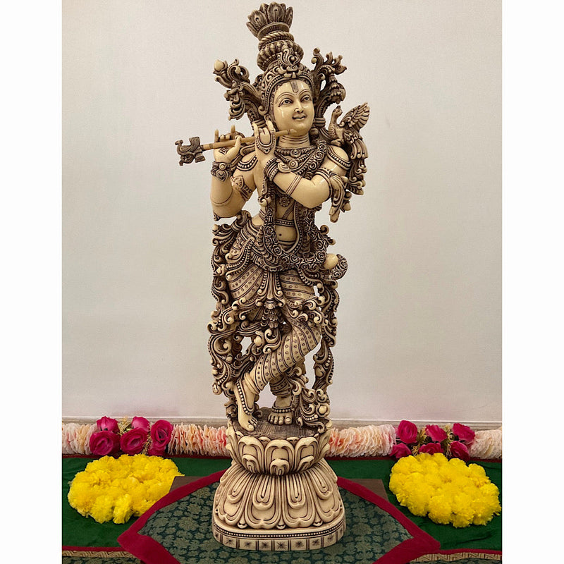 29” Krishna Marble Dust Idol Ivory Finish - Decorative Figurine Home Decor - Crafts N Chisel - Indian Home Decor USA