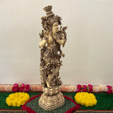 29” Krishna Marble Dust Idol Ivory Finish - Decorative Figurine Home Decor - Crafts N Chisel - Indian Home Decor USA