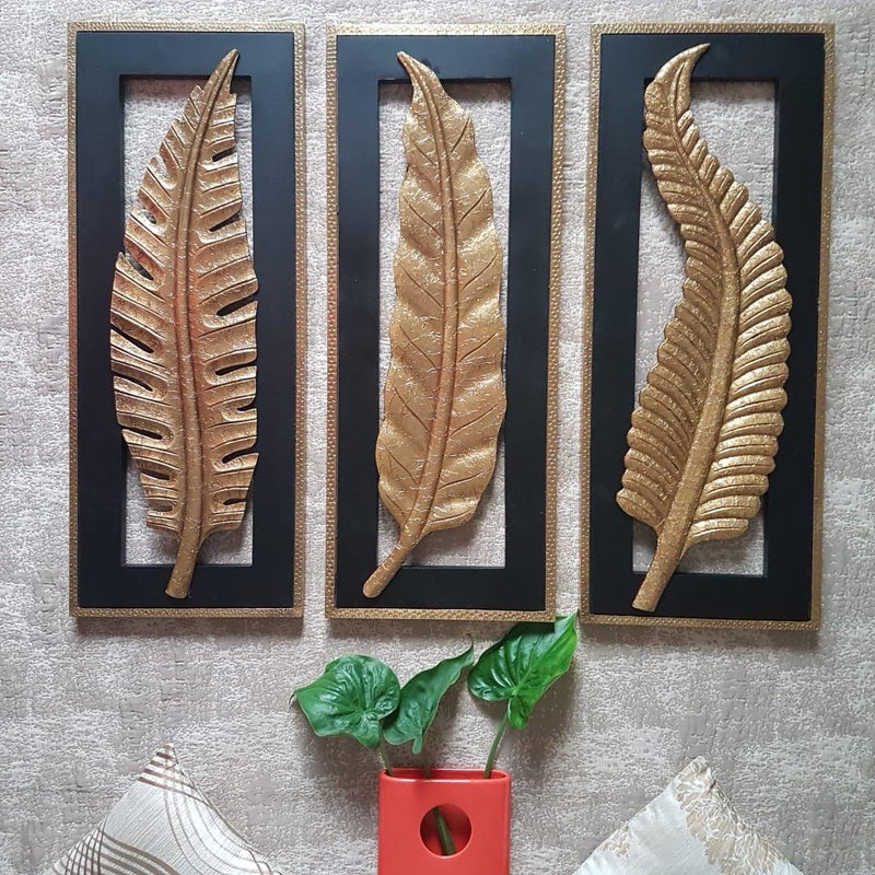 30” Brass Leaf Wall Hanging (Set of 3) - Crafts N Chisel - Indian home decor - Online USA
