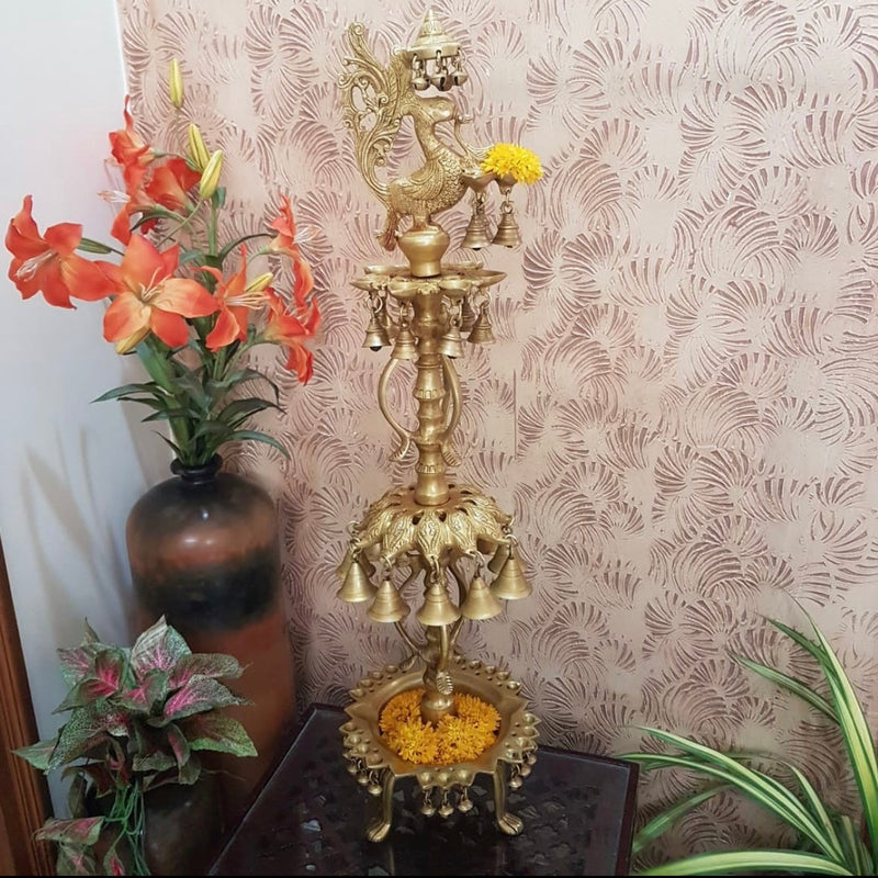 34" Single Handmade Standing Brass Diya Lamp With Bell : Dancing Peacock - Crafts N Chisel - Indian Home Decor USA