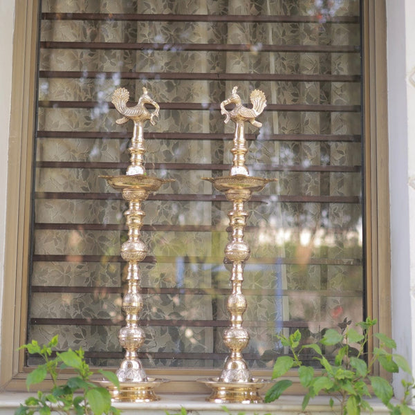 35” Annapakshi Nilavilakku (Set of 2) - Handmade Brass lamp - Decorative Decor - Crafts N Chisel - Indian Home Decor USA