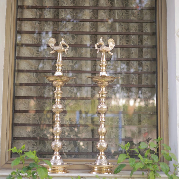 35” Annapakshi Nilavilakku (Set of 2) - Handmade Brass lamp - Decorative Decor - Crafts N Chisel - Indian Home Decor USA