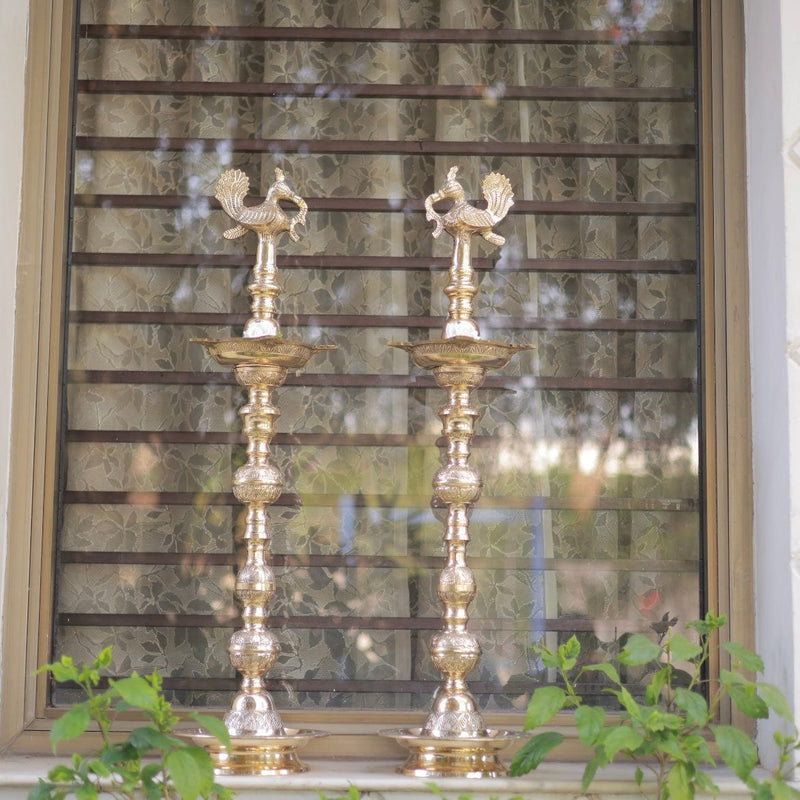 35” Annapakshi Nilavilakku (Set of 2) - Handmade Brass lamp - Decorative Decor - Crafts N Chisel - Indian Home Decor USA