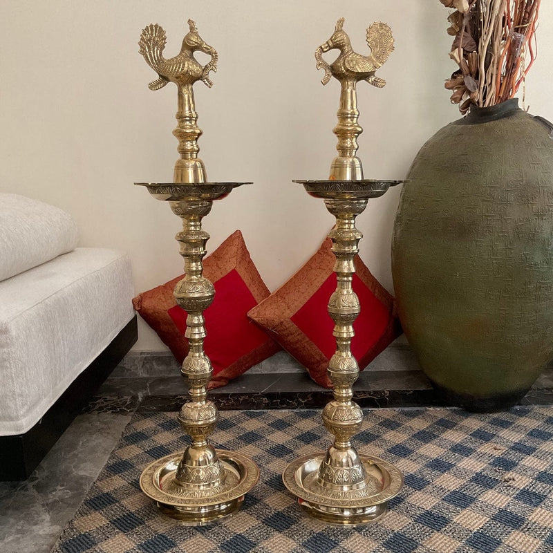 34” Annapakshi Nilavilakku (Set of 2) - Handmade Brass lamp - Decorative Decor - Crafts N Chisel - Indian Home Decor USA