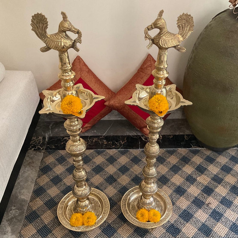 34” Annapakshi Nilavilakku (Set of 2) - Handmade Brass lamp - Decorative Decor - Crafts N Chisel - Indian Home Decor USA