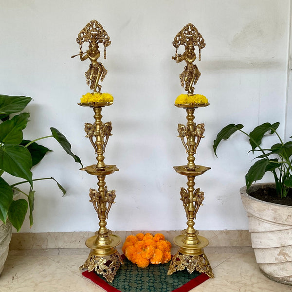 37” Krishna Brass Diya Lamp (Set of 2) - Traditional Indian Festive Decor - Crafts N Chisel - Indian Home Decor USA