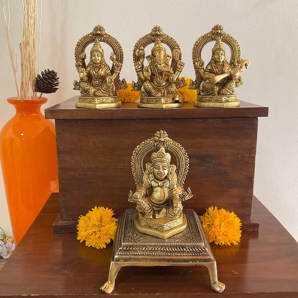 4.4” Lakshmi Ganesh Saraswati Kuber Brass Idol - Decorative Home Decor - Crafts N Chisel - Indian Home Decor USA