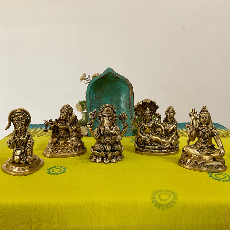 4” God Brass Idols (Set of 5) - Pooja Murti Statue - Housewarming Gift - Crafts N Chisel - Indian Home Decor USA