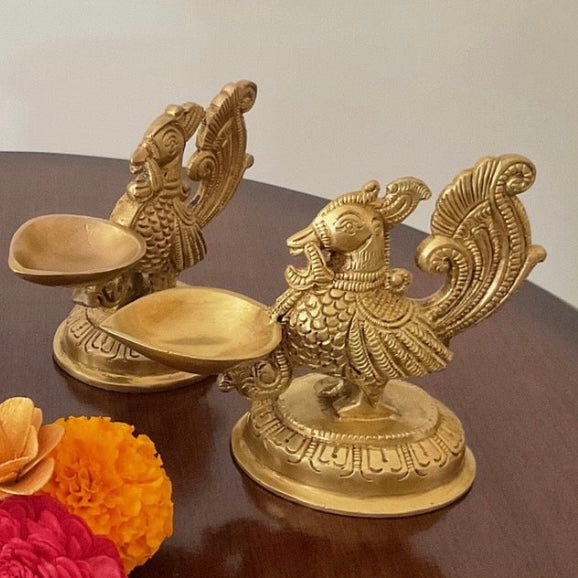 4” Peacock Diya (Set of 2) - Handmade Brass lamp - Decorative - Crafts N Chisel - Indian Home Decor USA