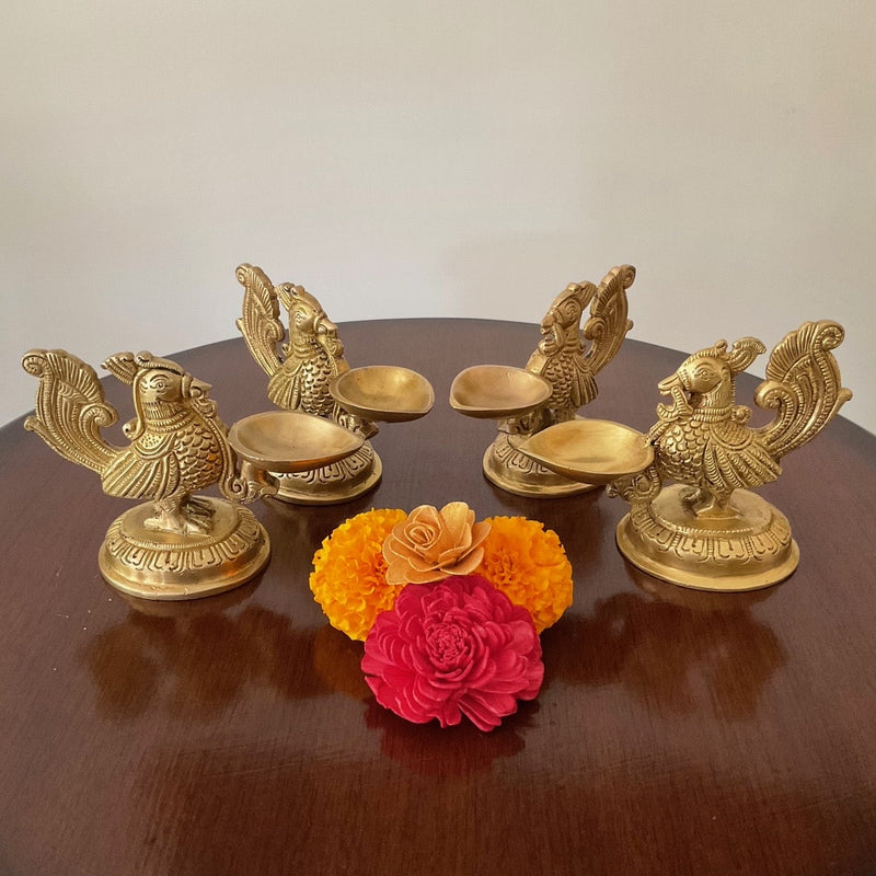 4” Peacock Diya (Set of 4) - Handmade Brass lamp - Decorative - Crafts N Chisel - Indian Home Decor USA