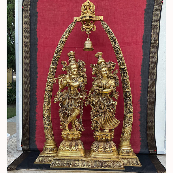 44” Brass Idol of Radha Krishna With Prabhavali - Handmade Decorative Figurines - Crafts N Chisel - Indian Home Decor USA