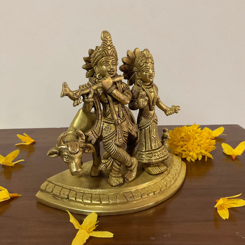 5.5” Radha Krishna With Cow Decorative Brass Idol and Statue - Crafts N Chisel - Indian Home Decor USA