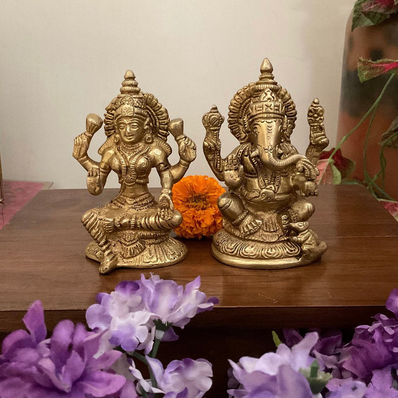 5” Lakshmi Ganesh Brass Idol - Decorative Home Decor-Crafts N Chisel USA - Indian Home Decor USA