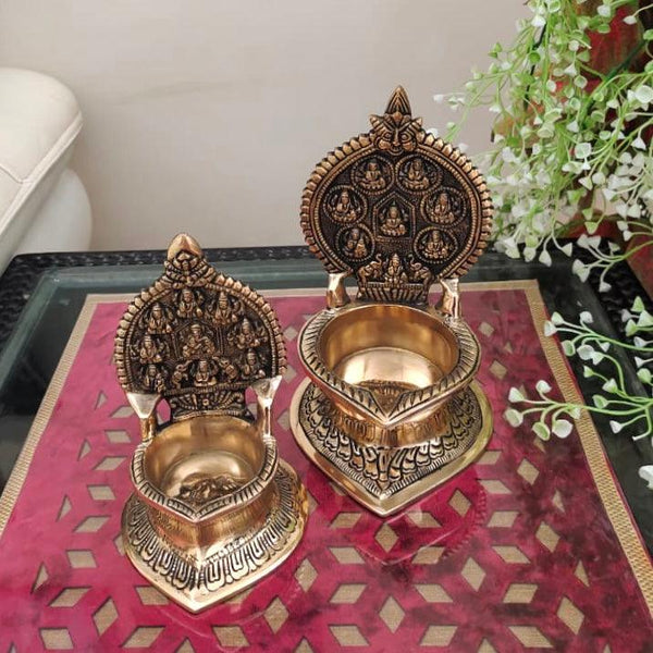 6.8” & 5” Ashtalakshmi Vilakku Diya (Set of 2) - Handmade Brass lamp - Decorative Festive Decor-Crafts N Chisel - Indian home decor online USA