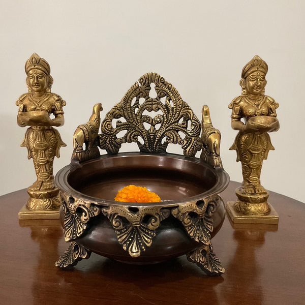 6” Decorative Brass Urli Copper Finish & 7” Deep Lakshmi (Set of 3) - Crafts N Chisel - Indian Home Decor USA