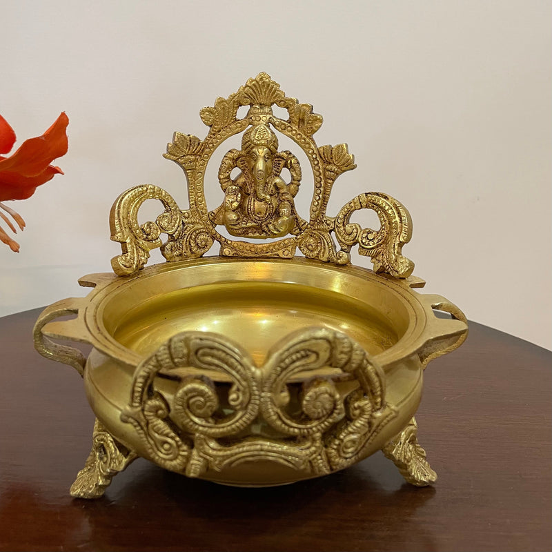 6” Decorative Brass Urli With Lord Ganesha - Crafts N Chisel - Indian Home Decor USA