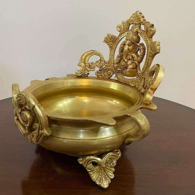 6” Decorative Brass Urli With Lord Ganesha - Crafts N Chisel - Indian Home Decor USA