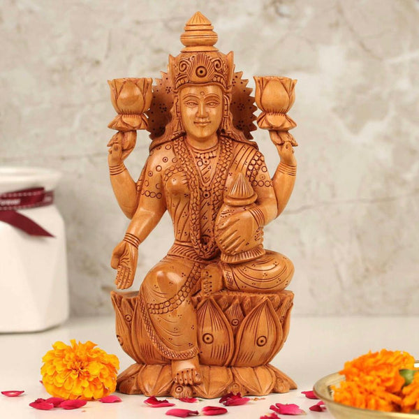 6” Goddess Lakshmi Wooden Idol - Decorative Statue - Crafts N Chisel - Indian Home Decor USA