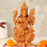 6” Goddess Saraswati Wooden Idol - Decorative Statue - Crafts N Chisel - Indian Home Decor USA