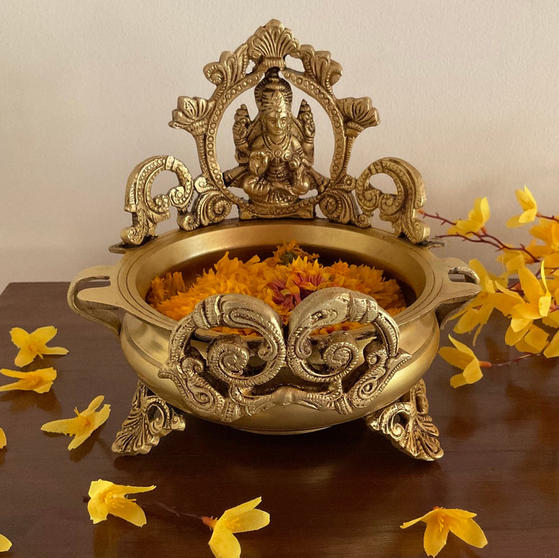 6” Lakshmi Decorative Brass Urli - Antique Finish - Ganesha Urli Bowl For Festive Decor - Crafts N Chisel - Indian Home Decor USA
