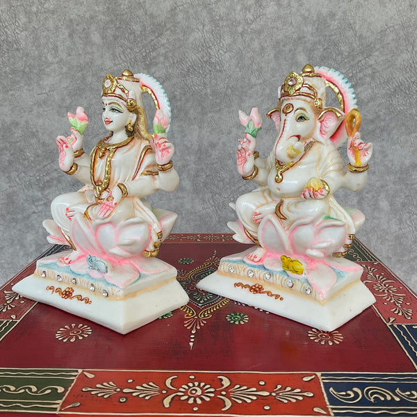 6” Lakshmi Ganesha Marble Dust & Resin Idol - Hindu God Statue - Decorative Murti - Crafts N Chisel - Indian Home Decor USA