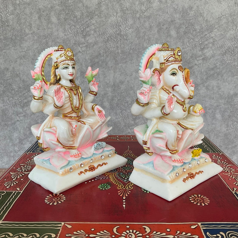 6” Lakshmi Ganesha Marble Dust & Resin Idol - Hindu God Statue - Decorative Murti - Crafts N Chisel - Indian Home Decor USA