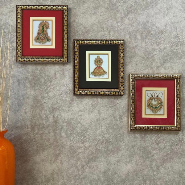 Handcrafted Jewelry Painting (Set of 3) - Wall Decor - 22K Gold Leaf Meenakari Marble Art - Crafts N Chisel - Indian Home Decor USA