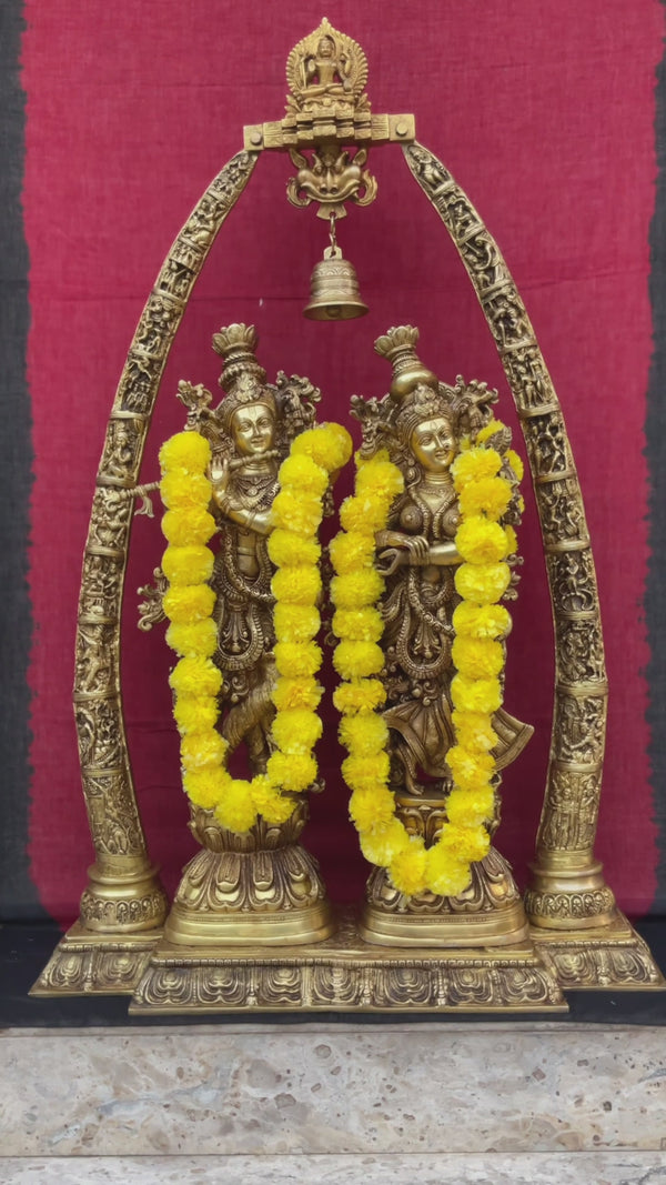 44 Inches Radha Krishna With Prabhavali Brass Idol - Handmade Decorative Statue Figurines