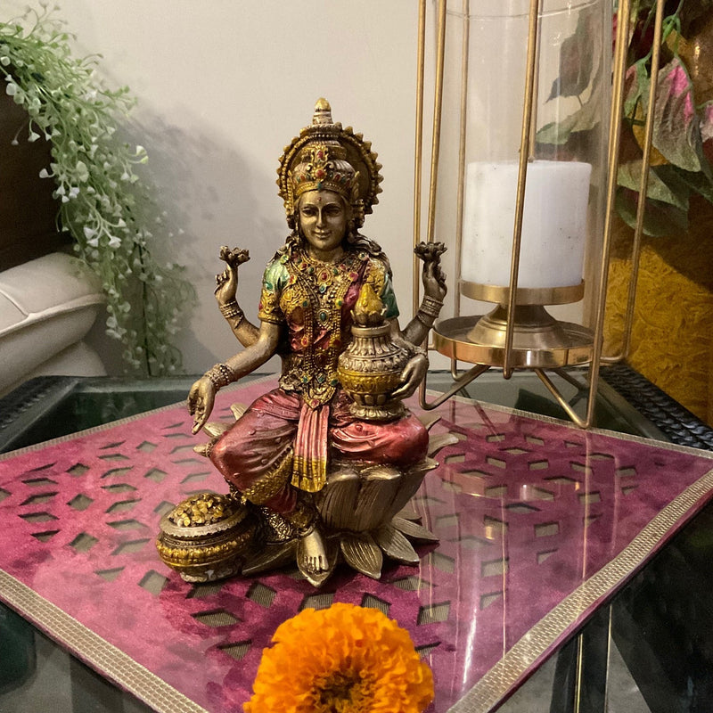 7” Goddess Lakshmi Copper finish Marble Dust & Resin Idol - Decorative Figurine - Crafts N Chisel - Indian Home Decor USA