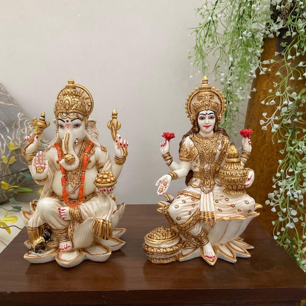7” Lakshmi Ganesha Marble Dust & Resin Idol - Hindu God Statue - Decorative Murti- Crafts N Chisel - Indian Home Decor USA