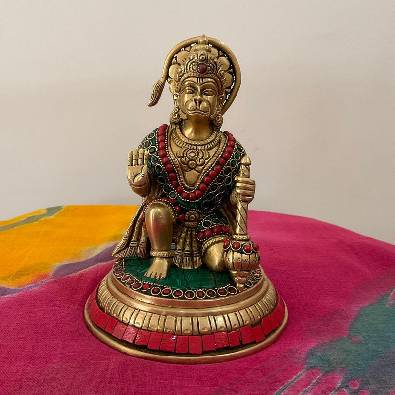 7” Lord Hanuman Brass Idol With Stonework - Decorative Home Decor - Crafts N Chisel - Indian Home Decor USA