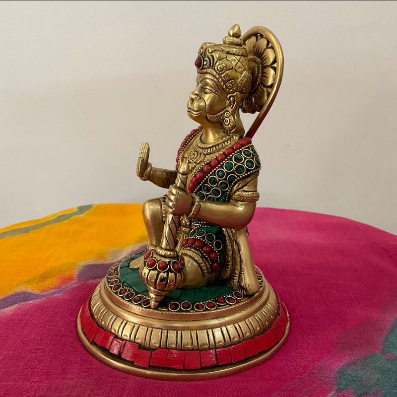 7” Lord Hanuman Brass Idol With Stonework - Decorative Home Decor - Crafts N Chisel - Indian Home Decor USA