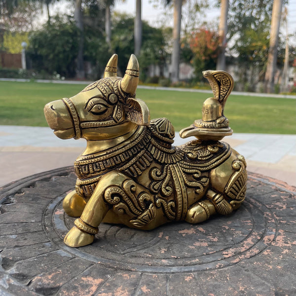 7” Nandi With Shivling - Handmade Brass Statue - Decorative Figurine - Crafts N Chisel - Indian Home Decor USA