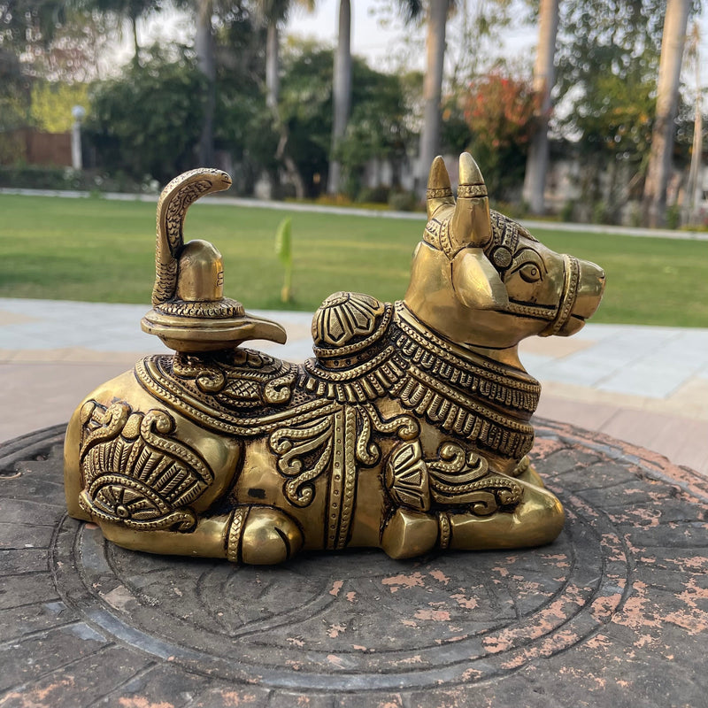 7” Nandi With Shivling - Handmade Brass Statue - Decorative Figurine - Crafts N Chisel - Indian Home Decor USA