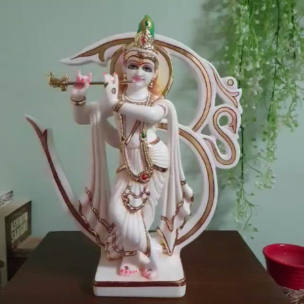 Handcrafted Om Krishna Marble Dust Resin Idol -  Hindu God Statue - Decorative Murti