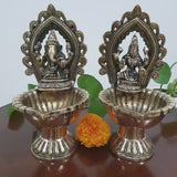 Lakshmi Ganesha Brass Diya Lamp (Set of 2)  - Antique Finish - Temple Decor