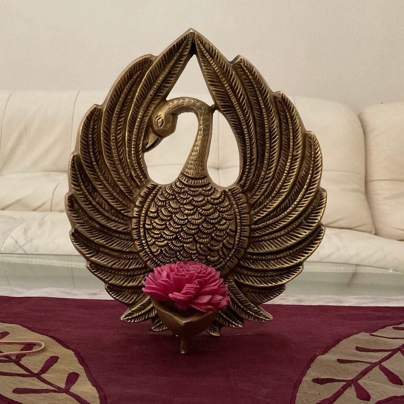 8.5” Dancing Peacock Brass Diya Lamp - Festive Home Decor - Crafts N Chisel - Indian Home Decor USA