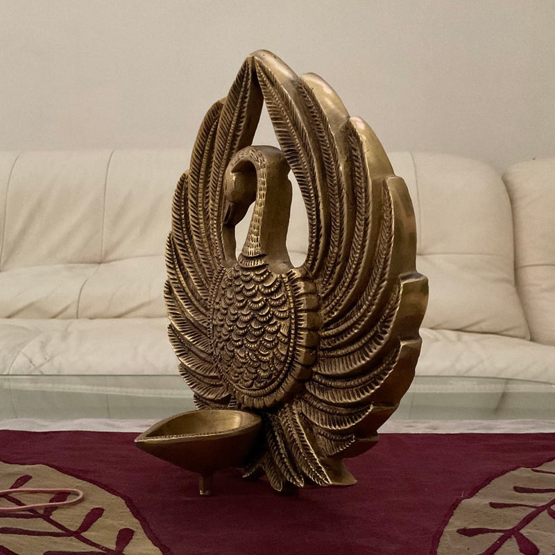 8.5” Dancing Peacock Brass Diya Lamp - Festive Home Decor - Crafts N Chisel - Indian Home Decor USA