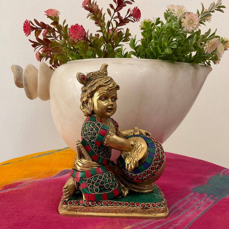 8” Baby Krishna Brass Idol With Stonework - Makhan chor - Decorative Figurine - Crafts N Chisel - Indian Home Decor USA