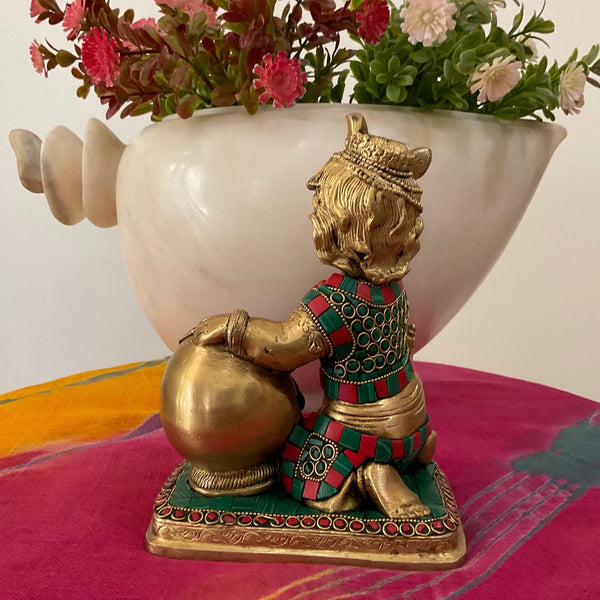 8” Baby Krishna Brass Idol With Stonework - Makhan chor - Decorative Figurine - Crafts N Chisel - Indian Home Decor USA