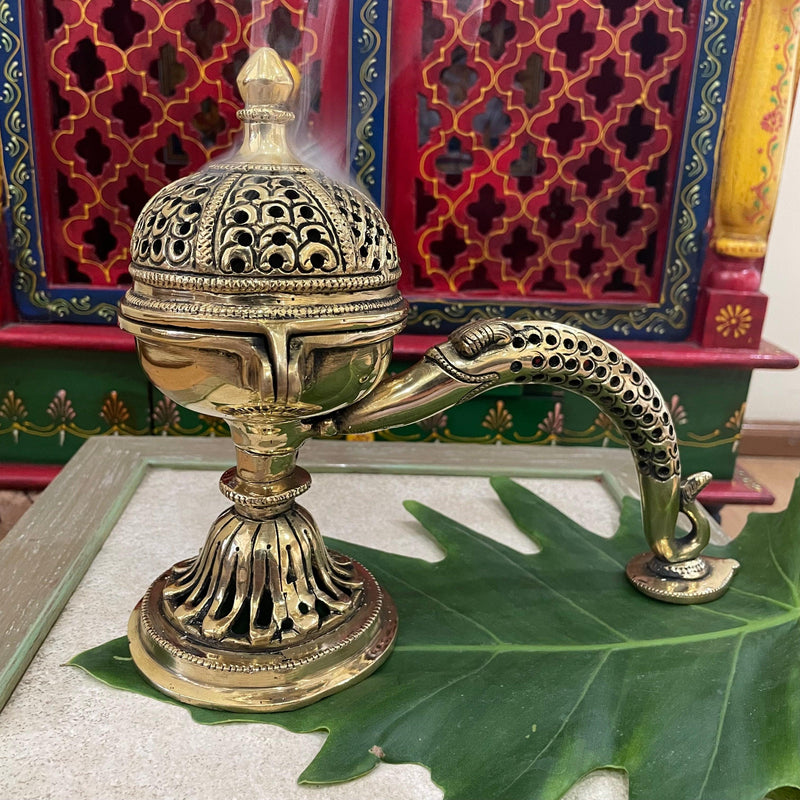 8” Brass Dhoop Dani With Handle, Incense Holder - Crafts N Chisel - Indian Home Decor USA
